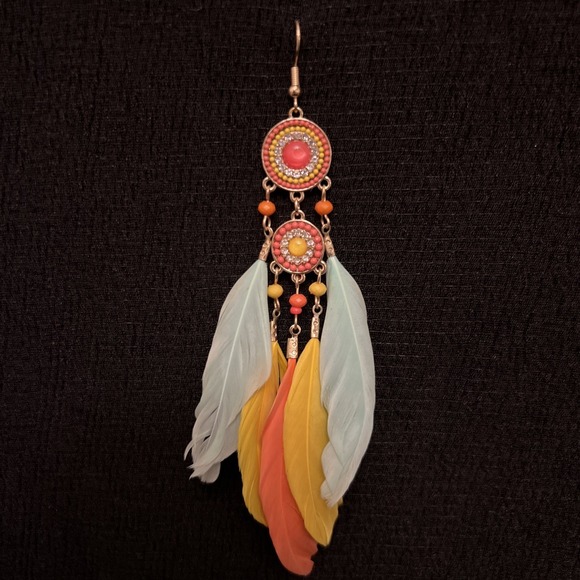 The Unbranded Brand Jewelry - Boho Feather Single Dangle Earring Turquoise Yellow Orange Statement Earring